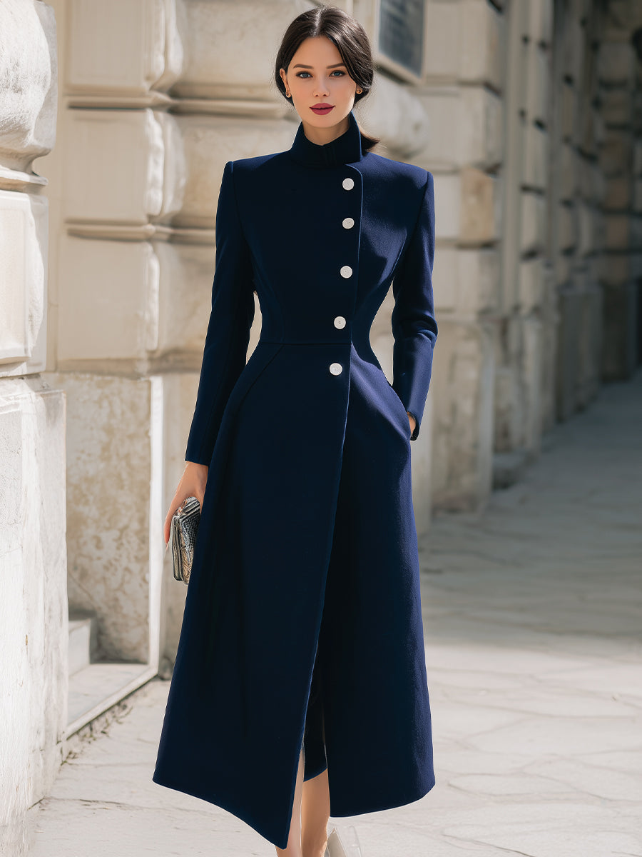 Women's Navy Stand Collar Maxi Wool Coat
