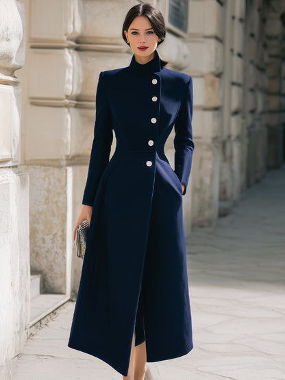 Women's Navy Stand Collar Maxi Wool Coat