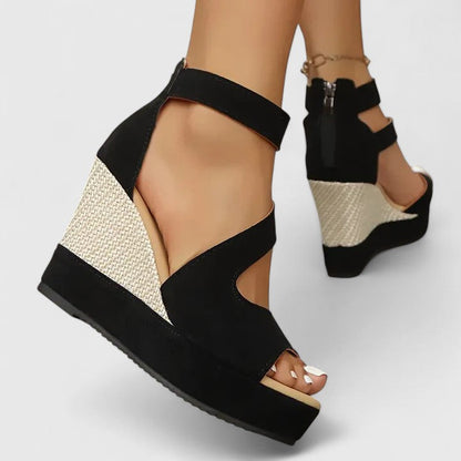 Mary | Black Strap Woven Wedge-Heel Platform Sandals