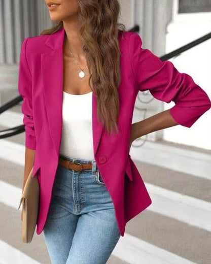 Women's Ruched Sleeve Blazer Tailored Single Button Jacket
