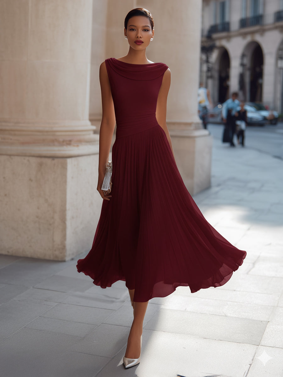 Donna | Flowy Neck Chiffon Formal Midi Dress