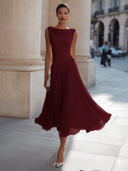 Donna | Flowy Neck Chiffon Formal Midi Dress