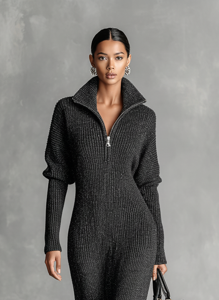 Women's Zip Neck Knitted Maxi Dress