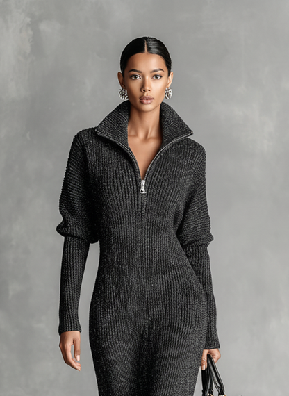 Women's Zip Neck Knitted Maxi Dress
