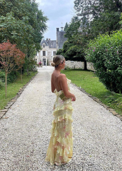 Saige | Botanical Print Ruffle Open Back Spring Maxi Dress