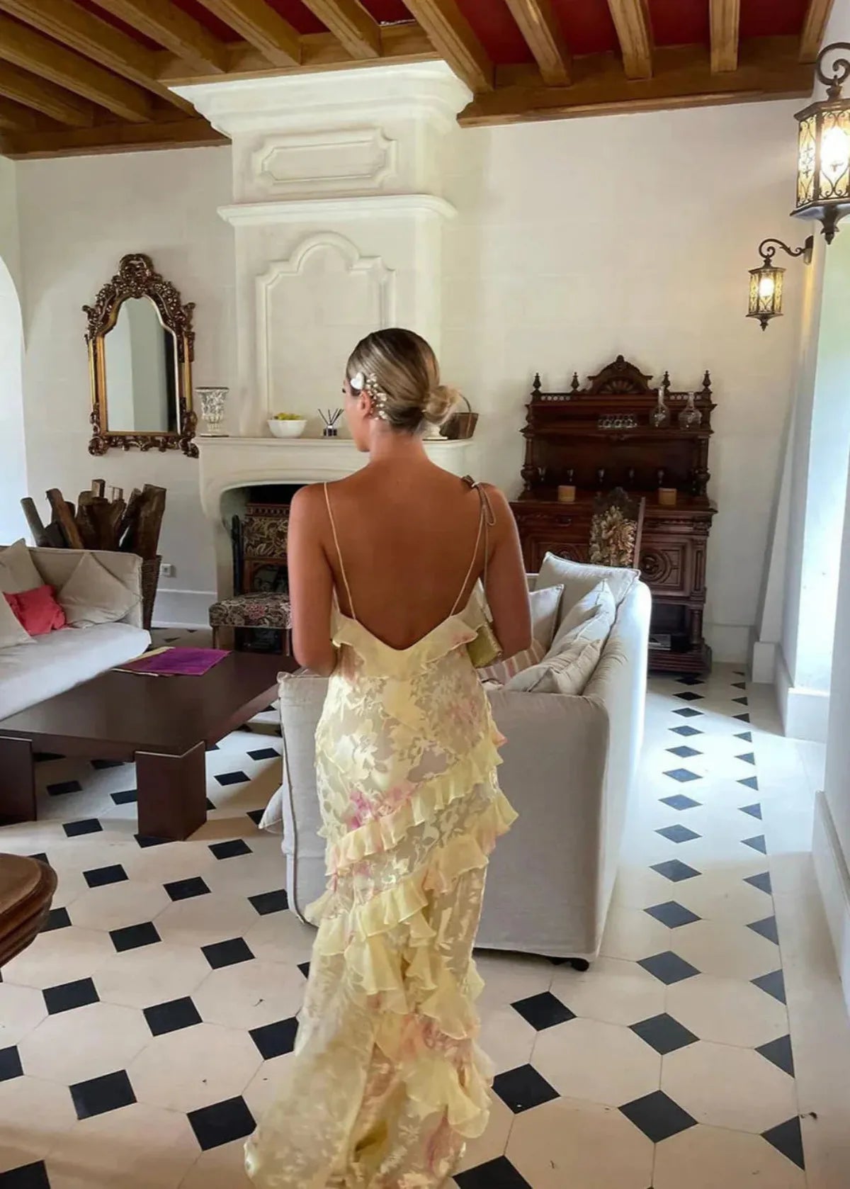 Saige | Botanical Print Ruffle Open Back Spring Maxi Dress