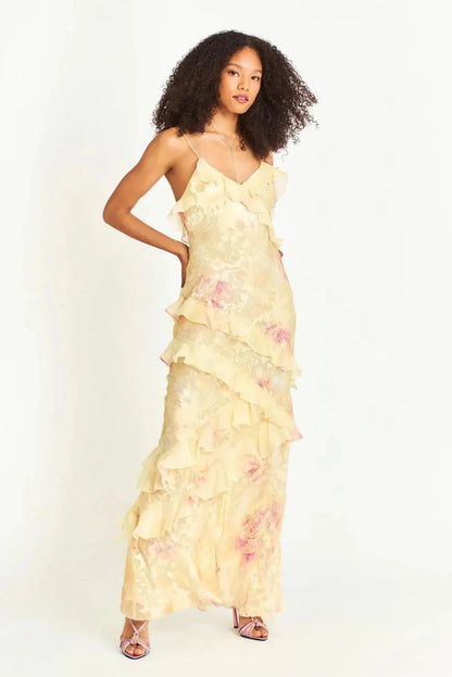 Saige | Botanical Print Ruffle Open Back Spring Maxi Dress