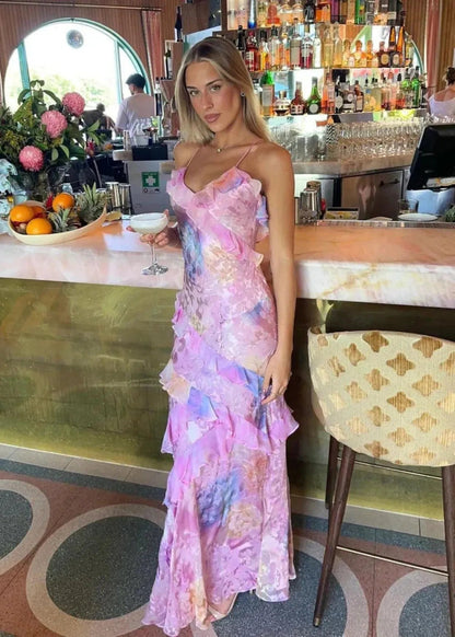 Saige | Botanical Print Ruffle Open Back Spring Maxi Dress