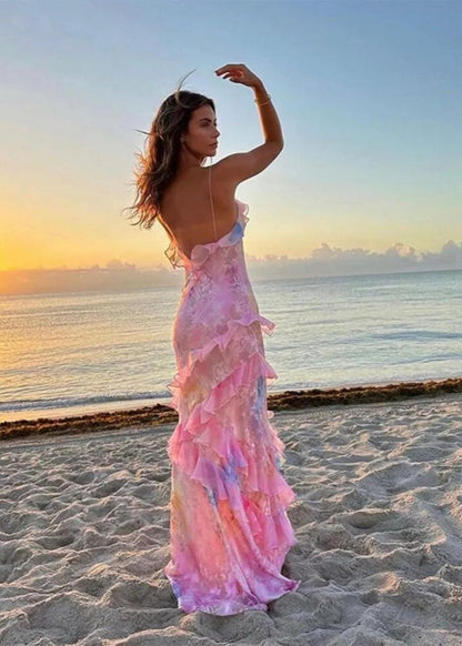 Saige | Botanical Print Ruffle Open Back Spring Maxi Dress