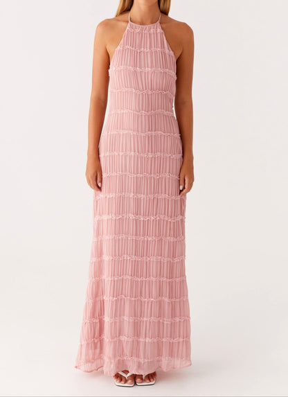 Harmony | Front-Pleated Lace Trim Halter Bridesmaid Dress