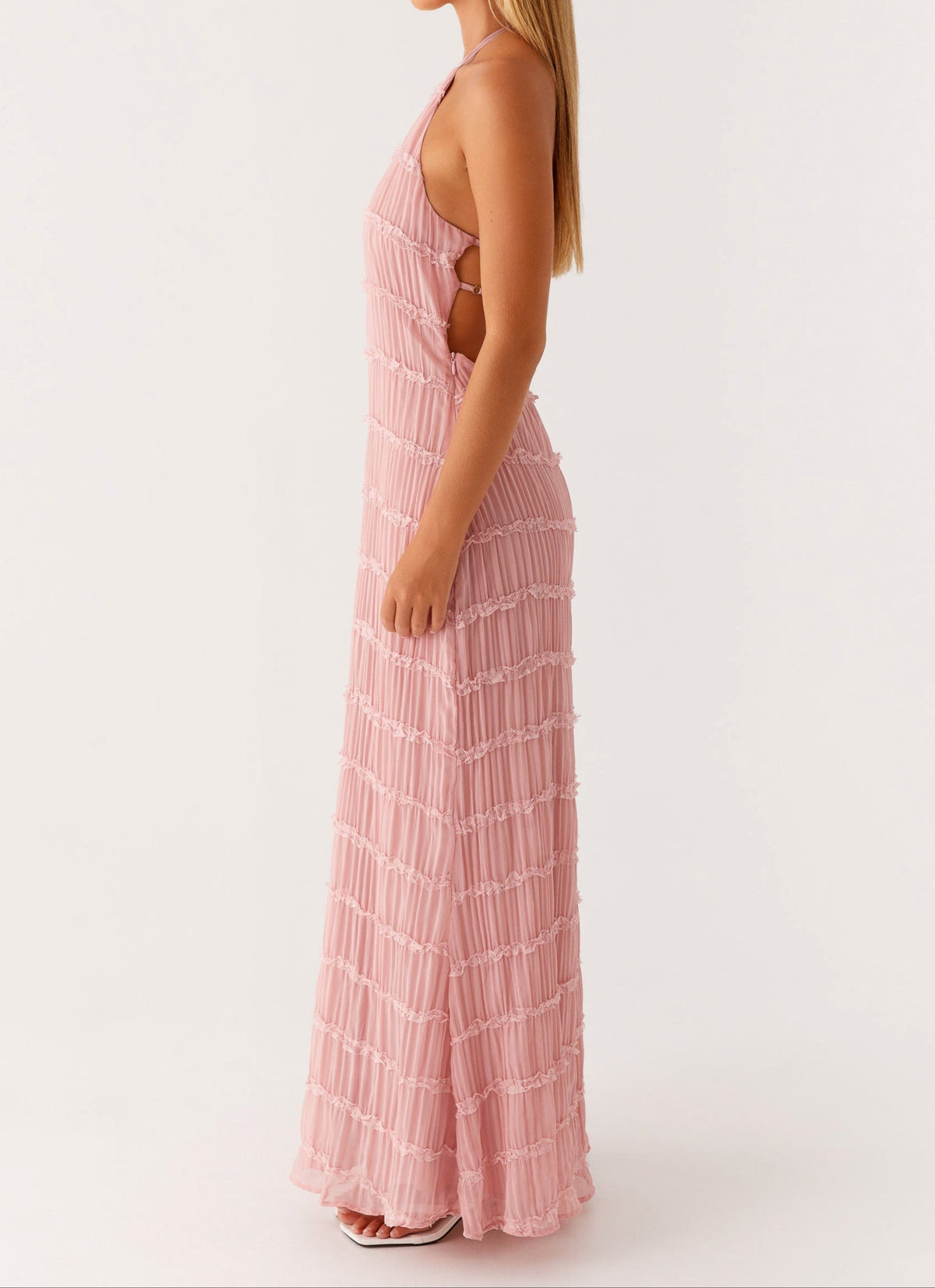 Harmony | Front-Pleated Lace Trim Halter Bridesmaid Dress