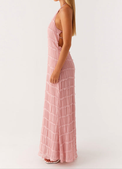 Harmony | Front-Pleated Lace Trim Halter Bridesmaid Dress