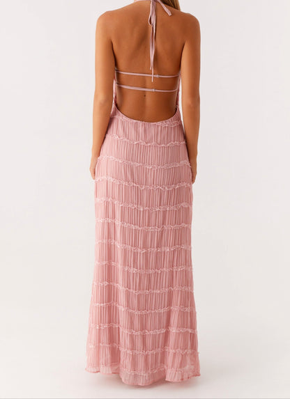 Harmony | Front-Pleated Lace Trim Halter Bridesmaid Dress