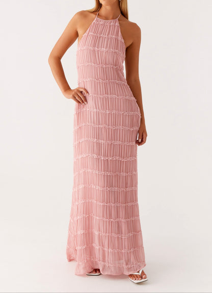Harmony | Front-Pleated Lace Trim Halter Bridesmaid Dress