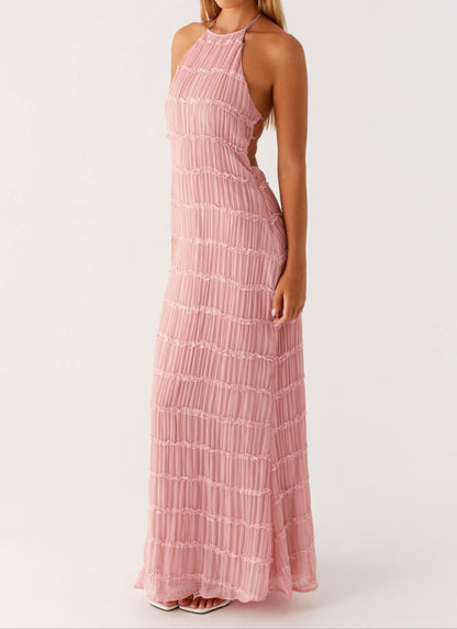 Harmony | Front-Pleated Lace Trim Halter Bridesmaid Dress