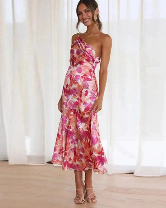 Stephanie | One Shoulder Botanical Print Spring Wedding Guest Midi Dress