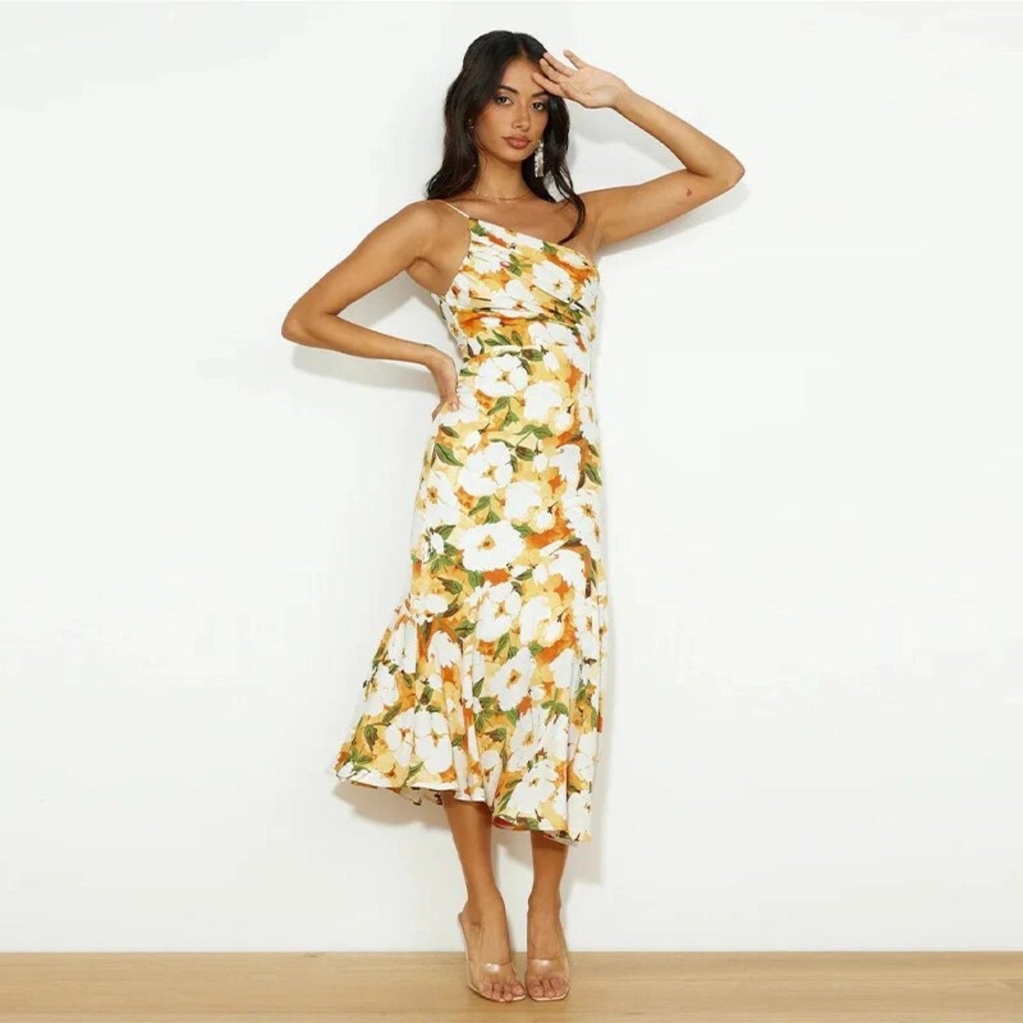 Stephanie | One Shoulder Botanical Print Spring Wedding Guest Midi Dress