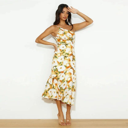 Stephanie | One Shoulder Botanical Print Spring Wedding Guest Midi Dress