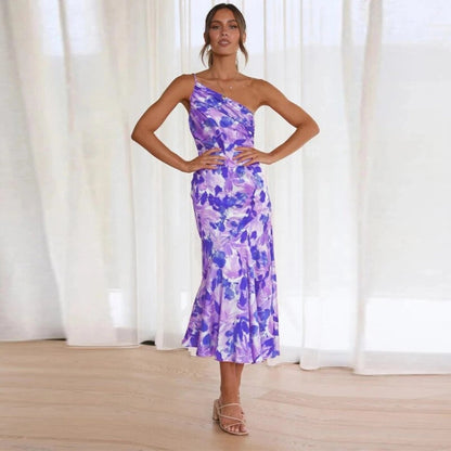 Stephanie | One Shoulder Botanical Print Spring Wedding Guest Midi Dress