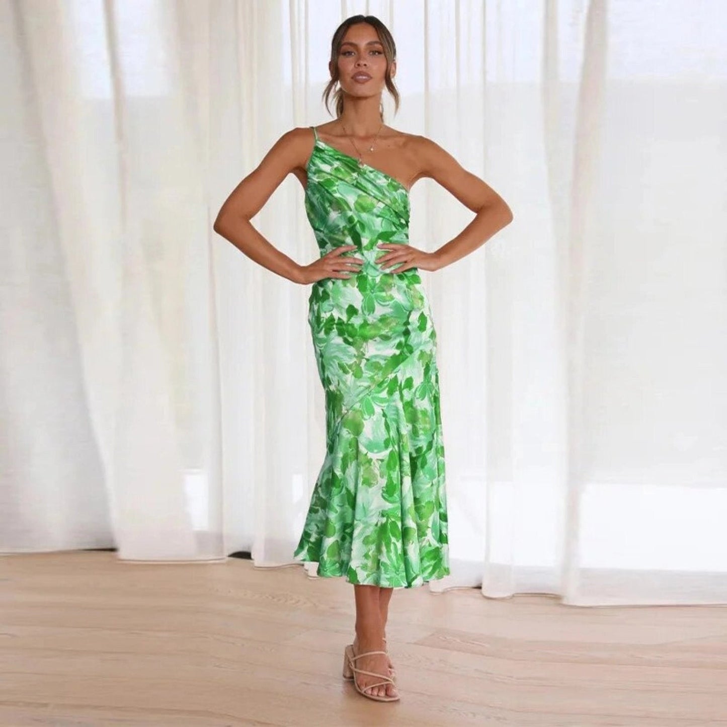 Stephanie | One Shoulder Botanical Print Spring Wedding Guest Midi Dress