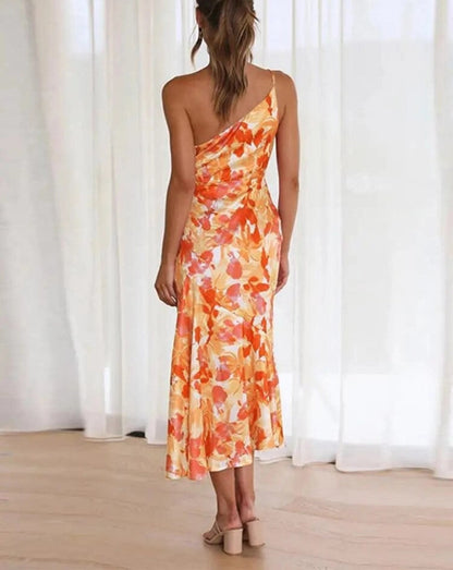 Stephanie | One Shoulder Botanical Print Spring Wedding Guest Midi Dress