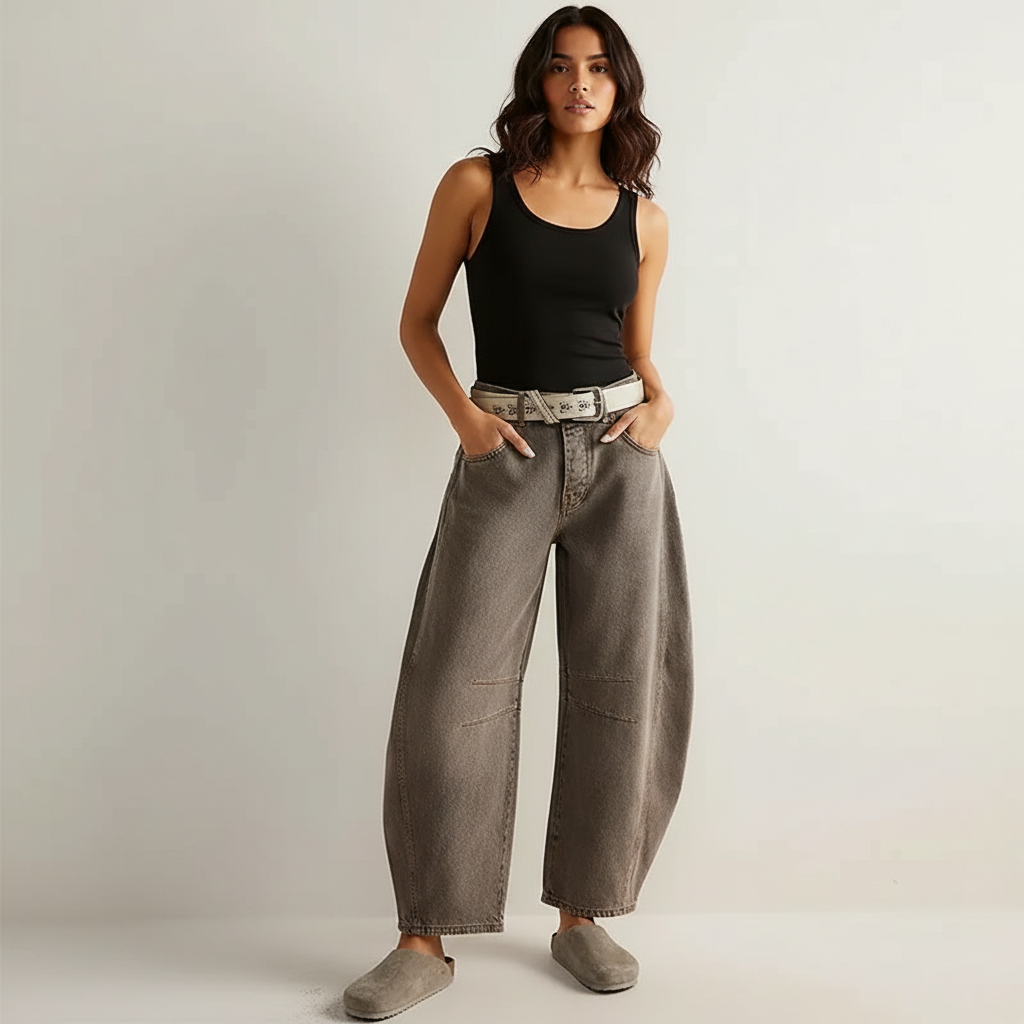 Maren | Washed Brown Barrel Leg Baggy Jeans