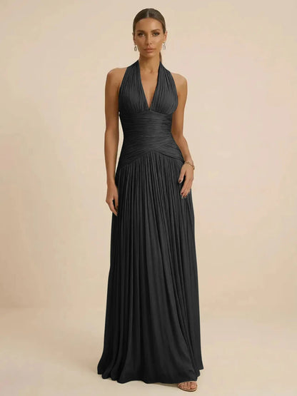 Sage | Halter Neck Pleated Ruched Chiffon Summer Wedding Guest Dress