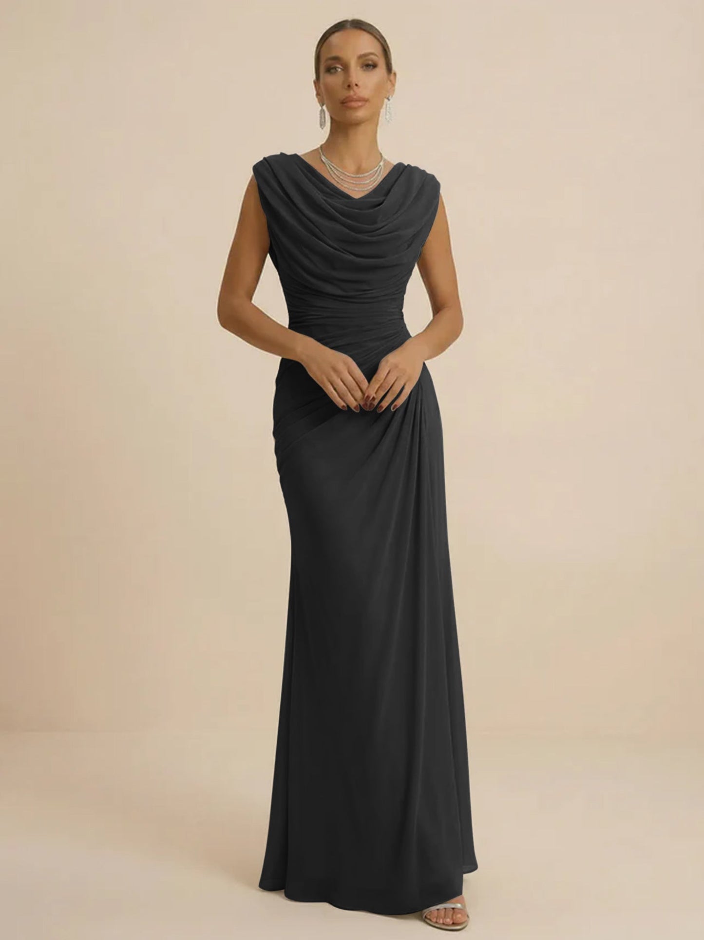 Mist | Draped Cowl Neck Ruched Chiffon Wedding Guest Dress