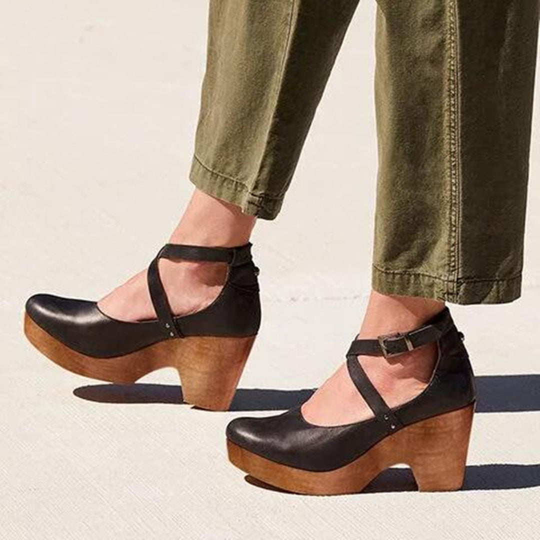 Aspen | Crossover Ankle Strap Wooden Wedge-Heel Heels