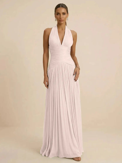 Sage | Halter Neck Pleated Ruched Chiffon Summer Wedding Guest Dress