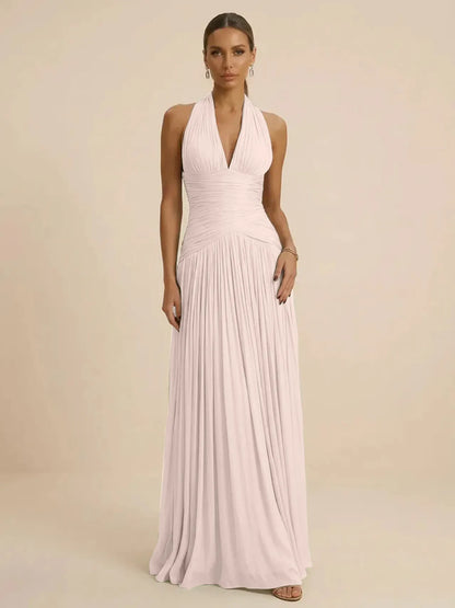 Sage | Halter Neck Pleated Ruched Chiffon Summer Wedding Guest Dress