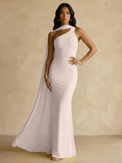 Capey | One Shoulder Crepe Sheath Chiffon Bridesmaid Dress