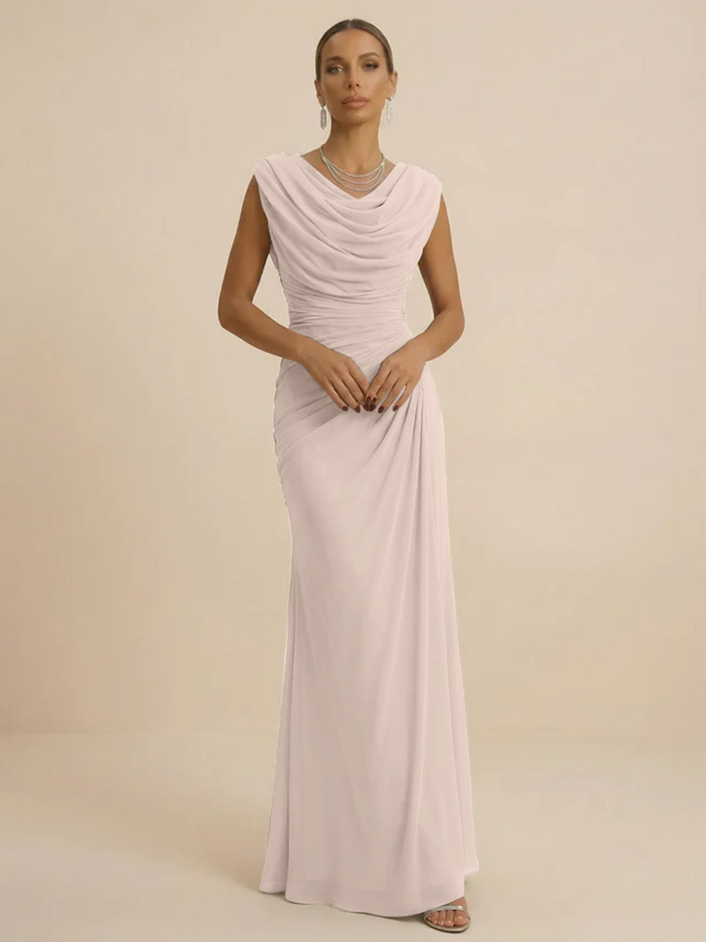 Mist | Draped Cowl Neck Ruched Chiffon Wedding Guest Dress