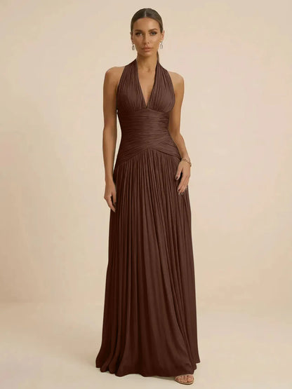Sage | Halter Neck Pleated Ruched Chiffon Summer Wedding Guest Dress