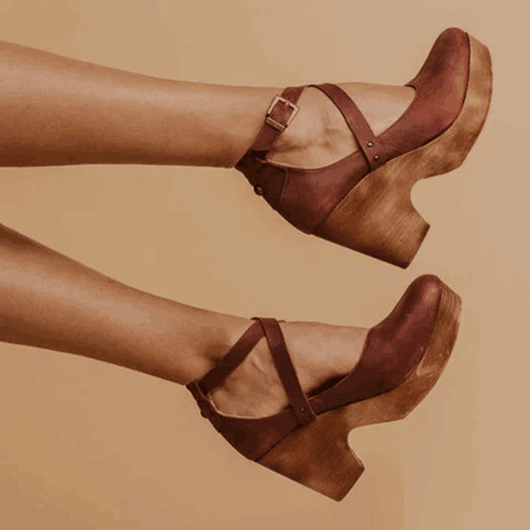 Aspen | Crossover Ankle Strap Wooden Wedge-Heel Heels