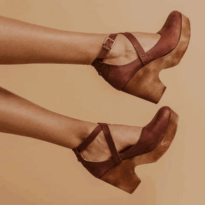 Aspen | Crossover Ankle Strap Wooden Wedge-Heel Heels