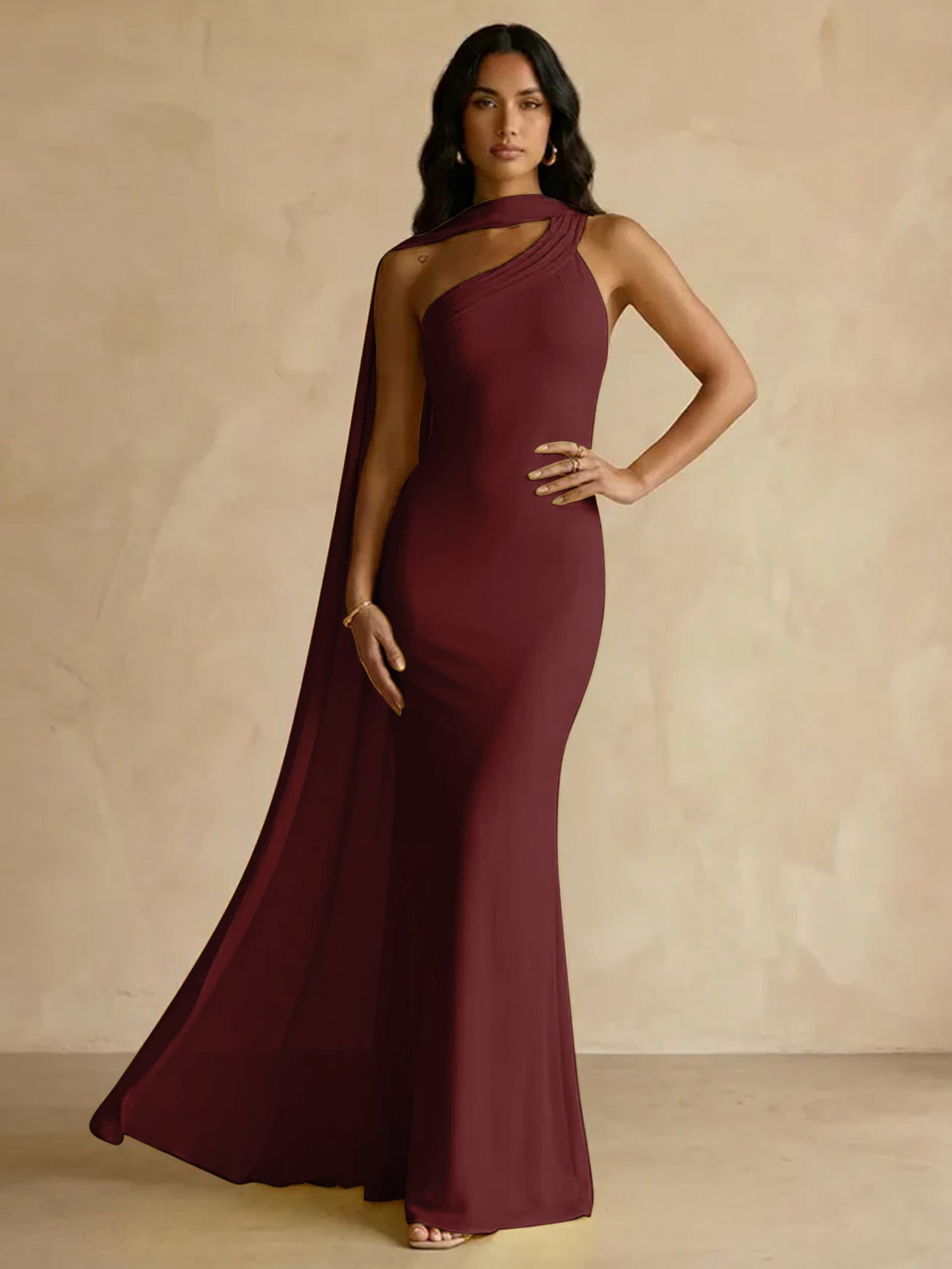 Capey | One Shoulder Crepe Sheath Chiffon Bridesmaid Dress