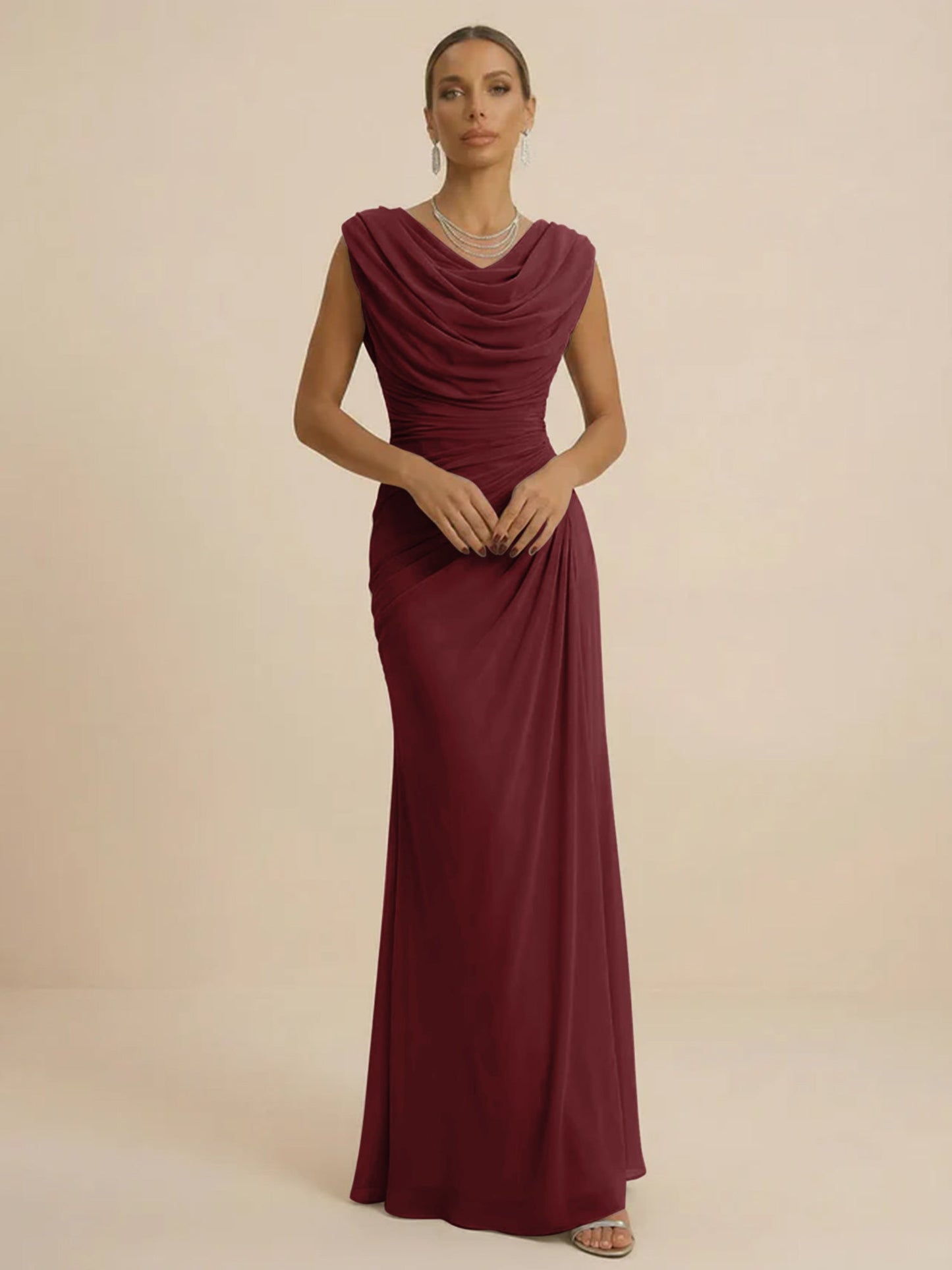 Mist | Draped Cowl Neck Ruched Chiffon Wedding Guest Dress