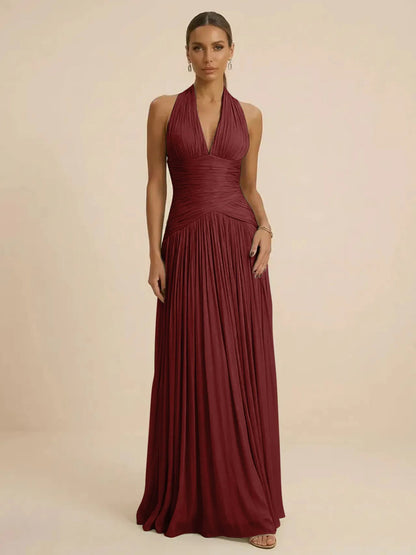 Sage | Halter Neck Pleated Ruched Chiffon Summer Wedding Guest Dress