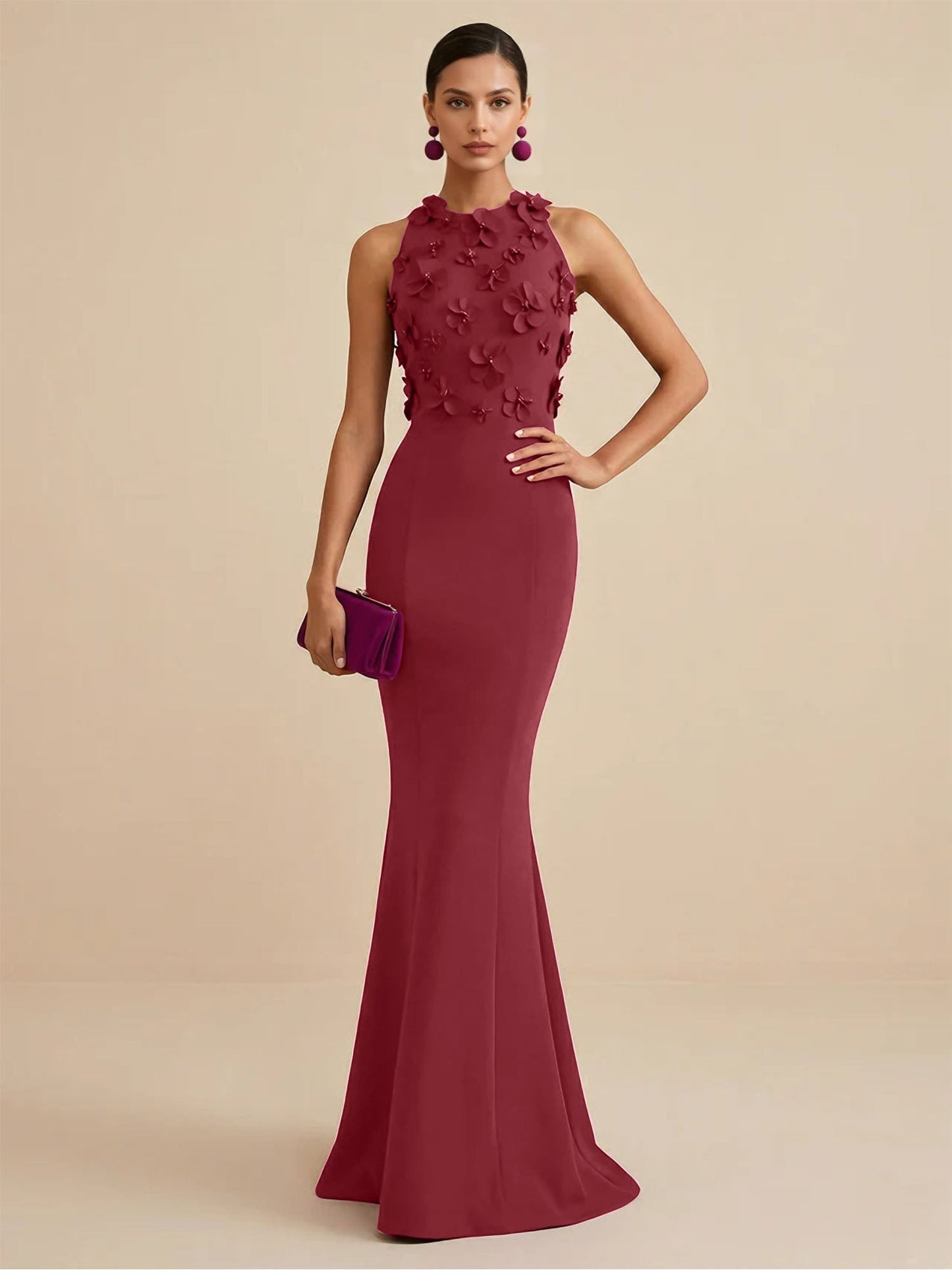 Fucia | High Neck Floral Mermaid Formal Bridesmaid Dress