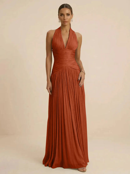 Sage | Halter Neck Pleated Ruched Chiffon Summer Wedding Guest Dress