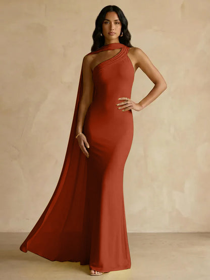 Capey | One Shoulder Crepe Sheath Chiffon Bridesmaid Dress