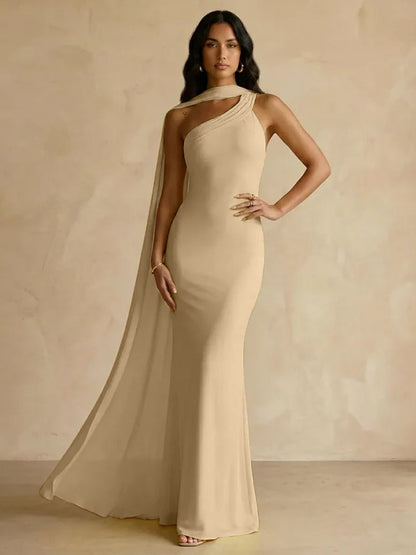 Capey | One Shoulder Crepe Sheath Chiffon Bridesmaid Dress