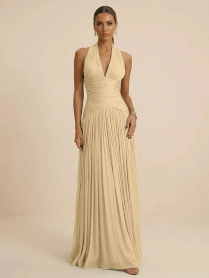 Sage | Halter Neck Pleated Ruched Chiffon Summer Wedding Guest Dress