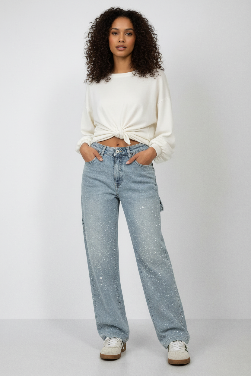 Seraphina | Crystal Embellished High Waisted Straight Leg Jeans