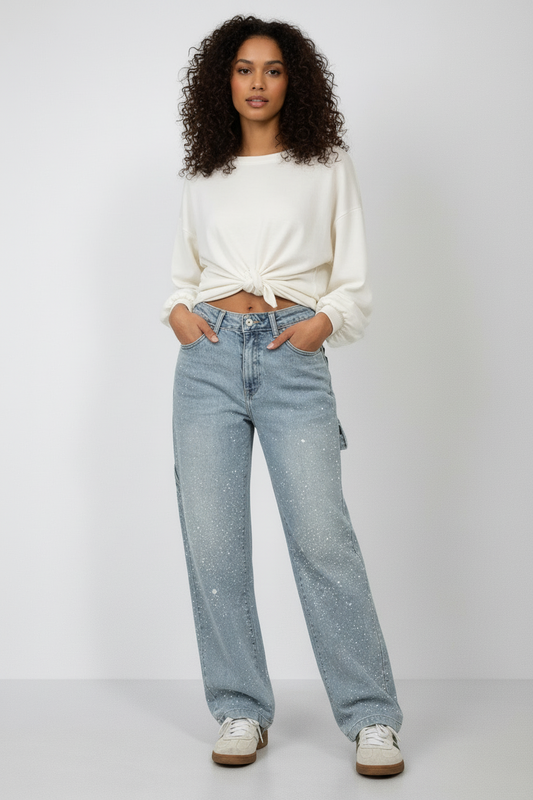 Seraphina | Crystal Embellished High Waisted Straight Leg Jeans