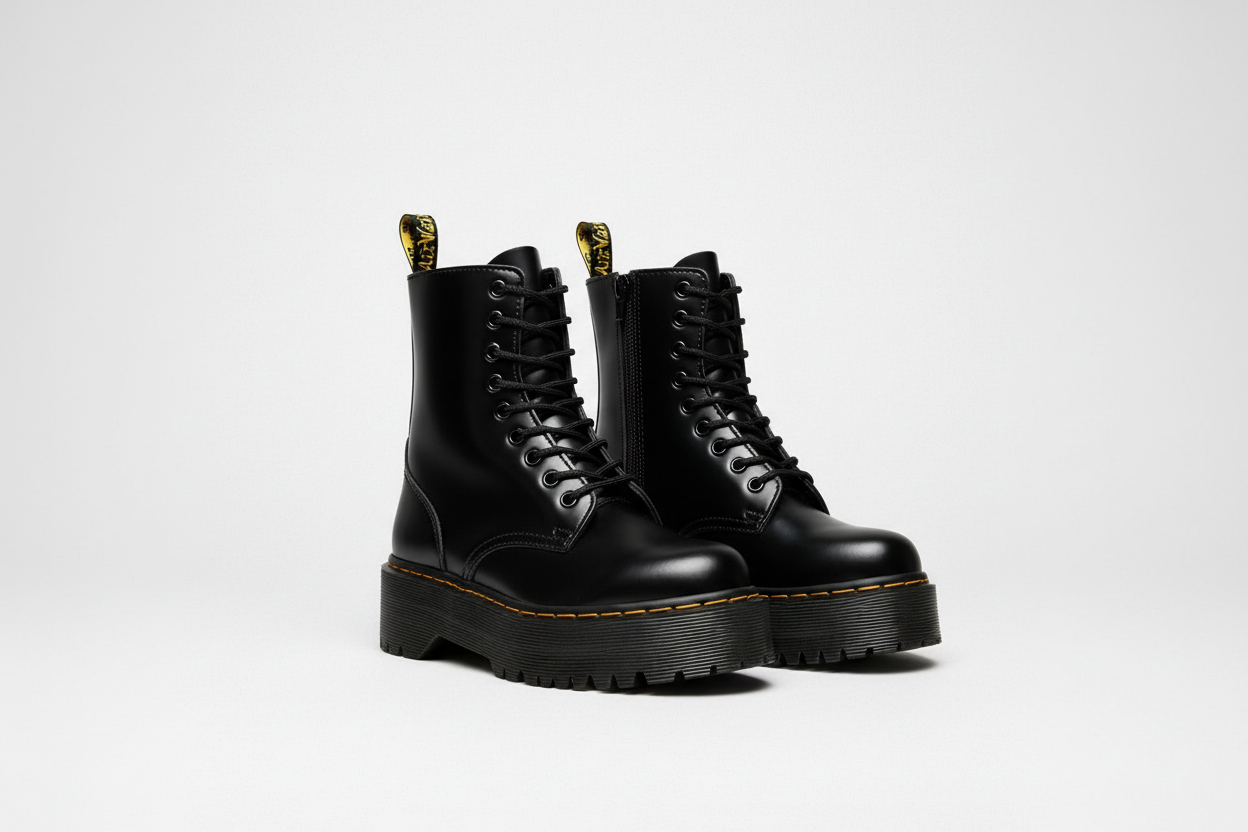 Zaria | Black Leather Contrast Stitch Lace Up Platform Boots