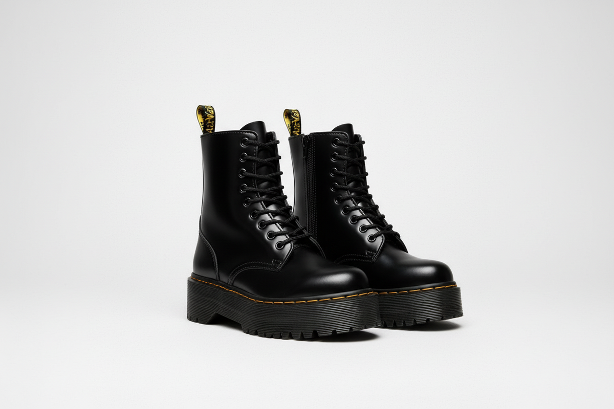Zaria | Black Leather Contrast Stitch Lace Up Platform Boots