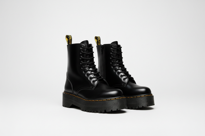 Zaria | Black Leather Contrast Stitch Lace Up Platform Boots