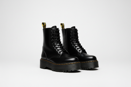 Zaria | Black Leather Contrast Stitch Lace Up Platform Boots